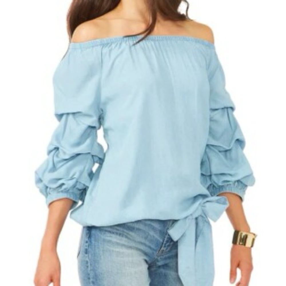 Vince Camuto Light Blue Off-Shoulder 3/4 Sleeve Tie-Hem Blouse